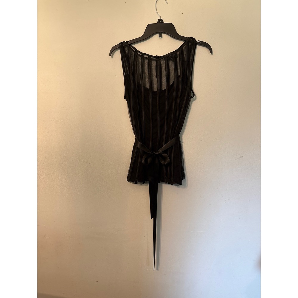 Studio I Mesh Stripe Top Women 10 Black Excellent Satin Tie Waist Sleeveless